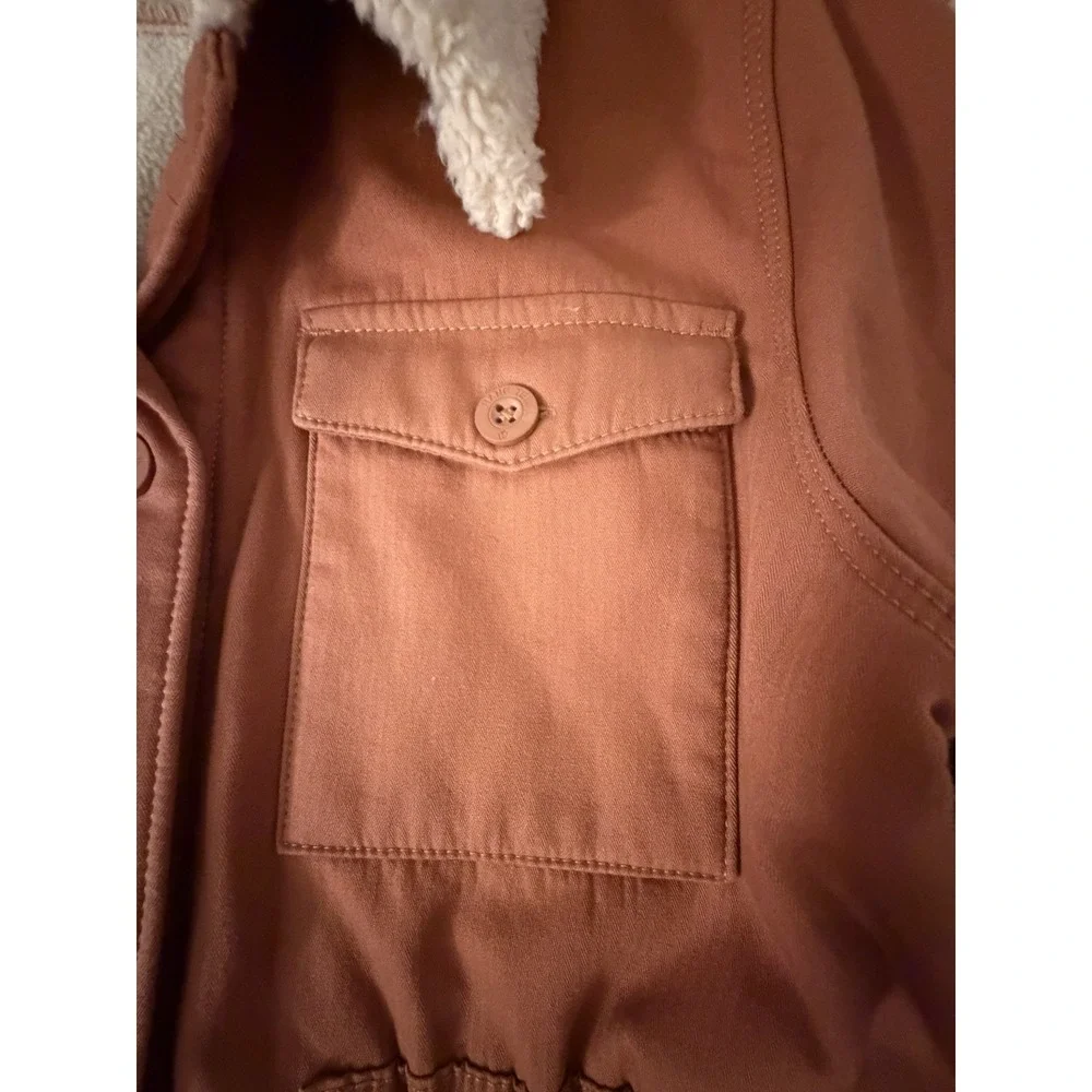 Hang‎ Ten Sherpa Lined Jacket Women M Button Front Utility Coat Salmon Rust Tan
